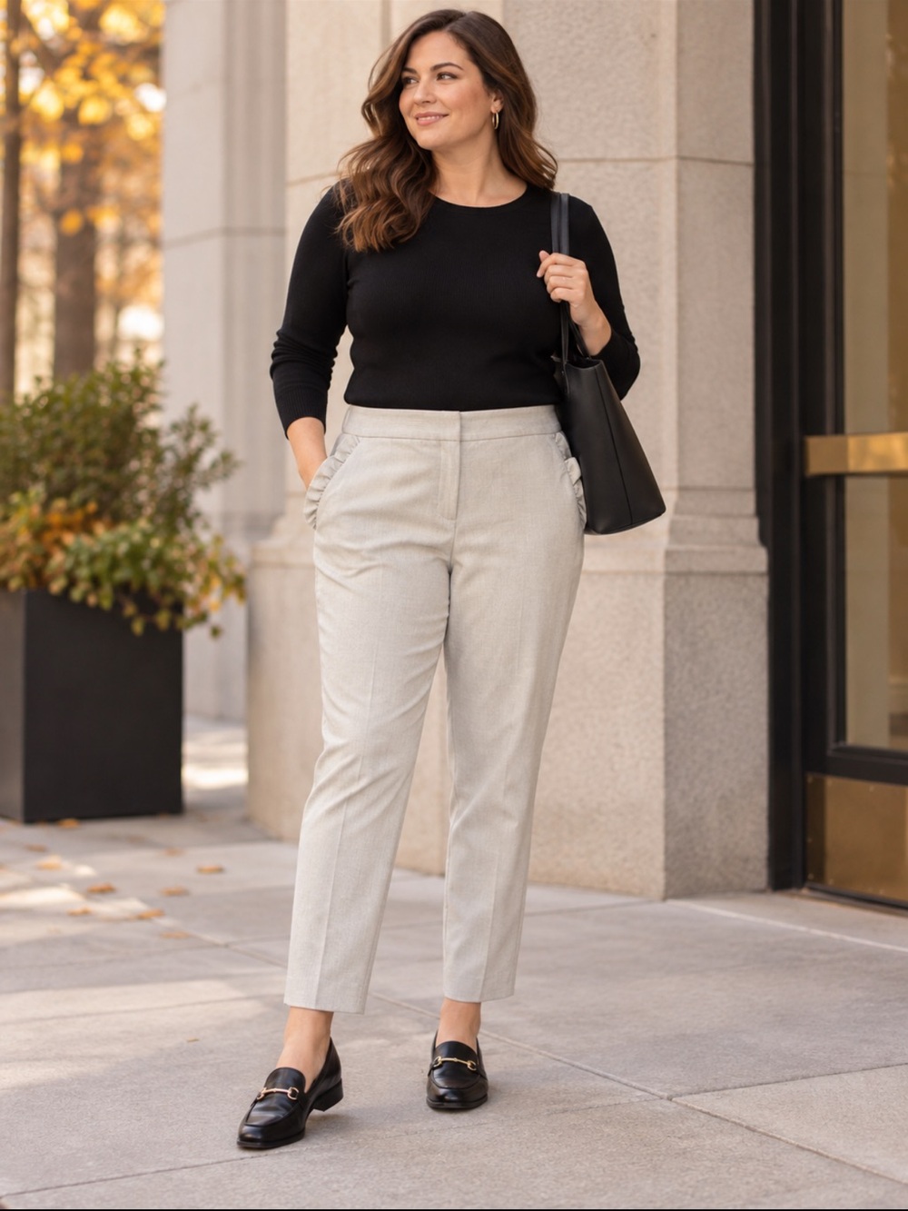 Cynthia Rowley 10 Beige Ruffle Pocket Stretch Straight Leg Dress Pants